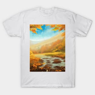 Romantic autumn landscape with a river surrounded by leaves from trees T-Shirt